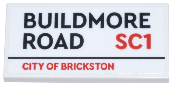 Tile 2 x 4 with Black 'BUILDMORE ROAD' and Red 'SC1' and 'CITY OF BRICKSTON' Pattern (Sticker) - Set 21347