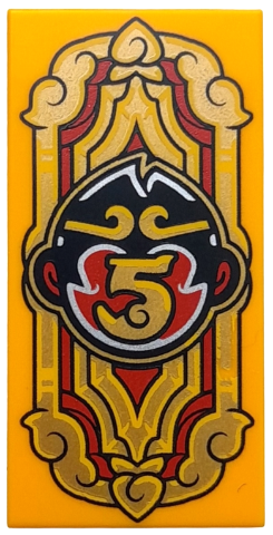 Tile 2 x 4 with Banner with Ornaments and Black and Red Monkie Kid Head Logo with Gold Number 5 Pattern