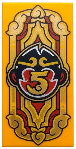 Tile 2 x 4 with Banner with Ornaments and Black and Red Monkie Kid Head Logo with Gold Number 5 Pattern