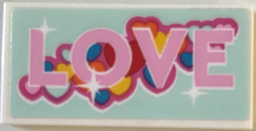 Tile 2 x 4 with Bright Pink 'LOVE' and Multicolored Hearts on Light Aqua Background Pattern (Sticker) - Set 40679