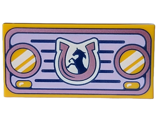 Tile 2 x 4 with Lavender Car Grille with Dark Purple Horse and Lines and Metallic Pink Headlights and Horseshoe Pattern