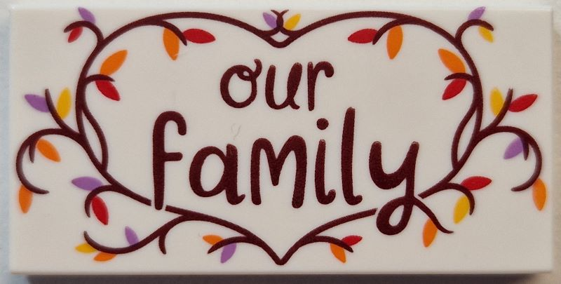 Tile 2 x 4 with Reddish Brown 'our family' in Heart Shaped Branch with Red, Orange, Yellow and Medium Lavender Leaves Pattern