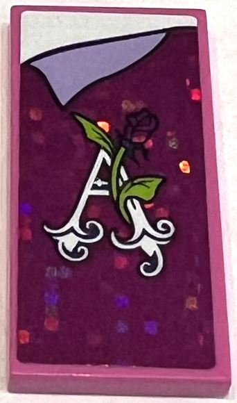 Tile 2 x 4 with Holographic Magenta Blanket, Rose with Lime Stems and Leaves, Letter A, Folded Lavender Corner, White Bedsheet Pattern (Sticker) - Set 41162