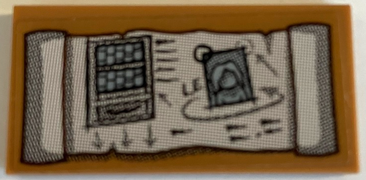 Tile 2 x 4 with White Scroll with Bookshelf, Arrows and Picture of Girl Pattern (Sticker) - Set 70425