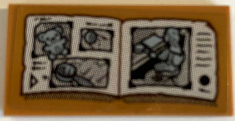 Tile 2 x 4 with Open Book with Teddy Bear, Magnifying Glass, Black Writing and Circle Pattern (Sticker) - Set 70425