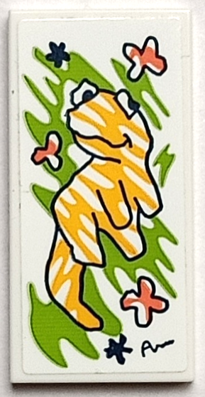 Tile 2 x 4 with Painting of Bright Light Orange Gecko (Popcorn) with Coral Flowers and 'Autumn' Signature on Lime Background Pattern (Sticker) - Set 41739