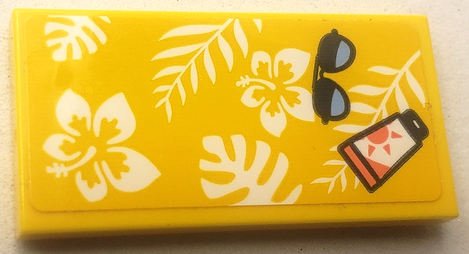 Tile 2 x 4 with Sunglasses and Tube of Sunscreen on Beach Towel with Flowers and Leaves Pattern (Sticker) - Set 41710
