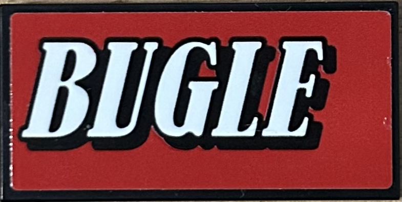 Tile 2 x 4 with White 'BUGLE' on Red Background Pattern Model Left Side (Sticker) - Set 76178