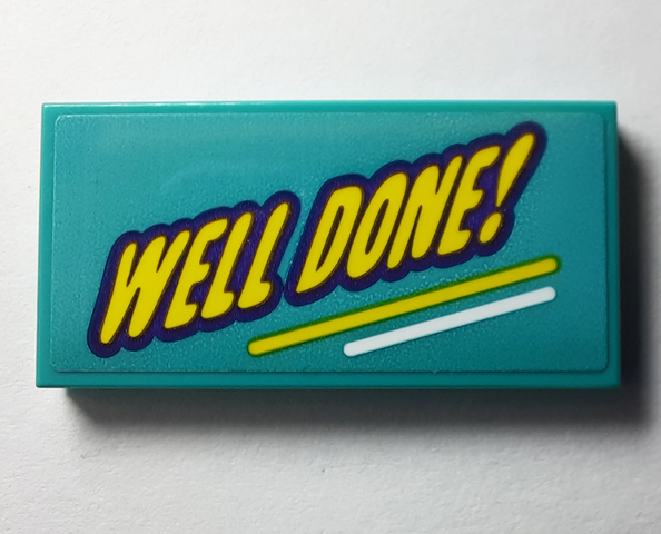 Tile 2 x 4 with Yellow 'WELL DONE!' with Dark Purple Outline, White Line Pattern (Sticker) - Set 40385