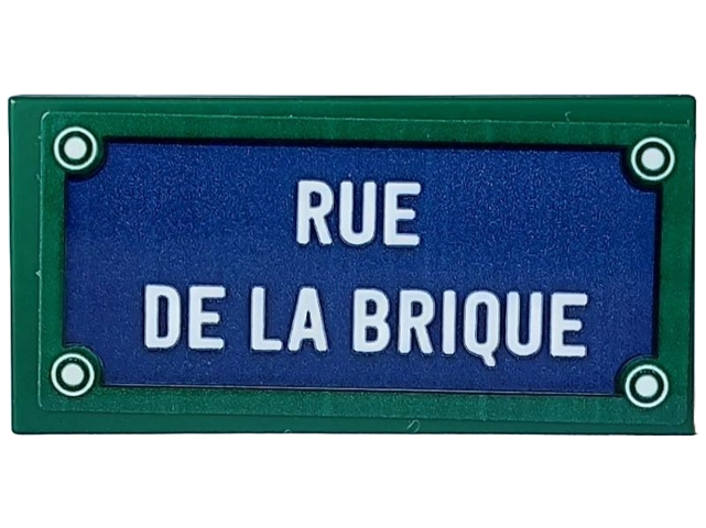 Tile 2 x 4 with Dark Blue Sign, 4 White Rivets and 'RUE DE LA BRIQUE' Pattern (Sticker) - Set 910032