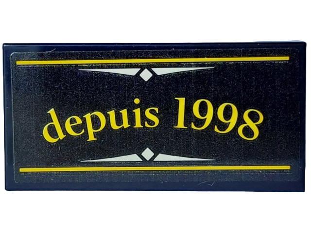 Tile 2 x 4 with Yellow 'depuis 1998' and White Ornaments Pattern (Sticker) - Set 910032