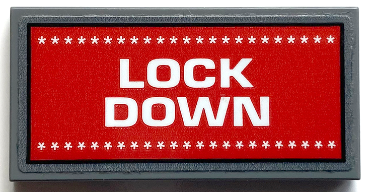 Tile 2 x 4 with White 'LOCK DOWN' and Stars on Red Background Pattern (Sticker) - Set 70912