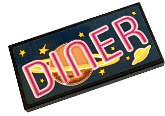 Tile 2 x 4 with Magenta and Bright Pink 'DINER', Stars, UFO and Planet with Rings on Dark Blue Background Pattern (Sticker) - Set 40687