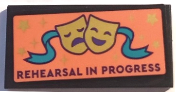 Tile 2 x 4 with 'REHERSAL IN PROGRESS', Dark Turquoise Banner, Gold Stars and Tragedy/Comedy Theater Masks on Coral Background Pattern (Sticker) - Set 41714