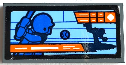 Tile 2 x 4 with Screen with Baseball Game, Blue Ball and Minifigure, Orange Stripes and White Lines on Light Aqua Background Pattern (Sticker) - Set 60227
