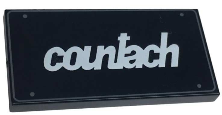 Tile 2 x 4 with License Plate with White 'countach', Dark Bluish Gray Screws and Border Pattern