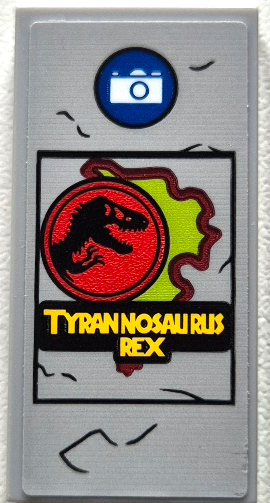 Tile 2 x 4 with Yellow 'TYRANNOSAURUS REX', Black and Red Jurassic World Logo, Lime Isla Nublar Map and White Camera in Blue Circle Pattern (Sticker) - Set 76956