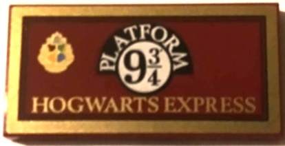 Tile 2 x 4 with Black and White 'PLATFORM 9 3/4', Hogwarts Houses Crest and 'HOGWARTS EXPRESS' on Red Background with Gold Border Pattern