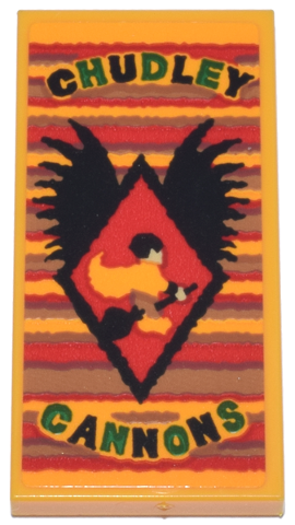 Tile 2 x 4 with Red and Medium Nougat Stripes, Black Diamond and Wings, Quidditch Player and Green and Black 'CHUDLEY CANNONS' Pattern (Sticker) - Set 76437