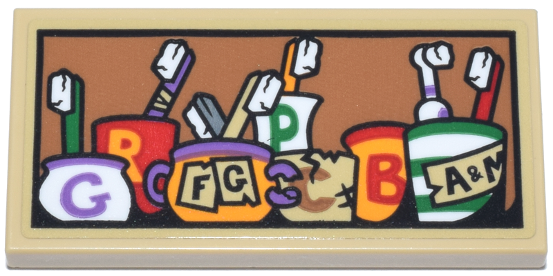 Tile 2 x 4 with Green, Medium Lavender, Silver, Bright Light Orange, Red, Tan, and White Toothbrushes in Jars and Letter G, R, P, C, B, 'F G' and 'A & M' Pattern (Sticker) - Set 76437
