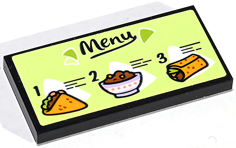 Tile 2 x 4 with Dark Blue 'Menu' with Taco, Bowl, Burrito and Number 1, 2 and 3 on Yellowish Green Background Pattern (Sticker) - Set 41747