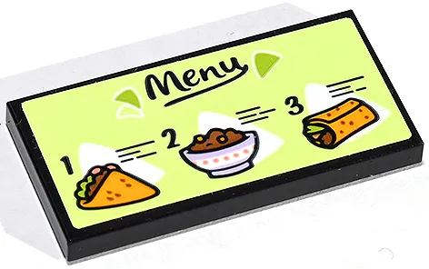 Tile 2 x 4 with Dark Blue 'Menu' with Taco, Bowl, Burrito and Number 1, 2 and 3 on Yellowish Green Background Pattern (Sticker) - Set 41747