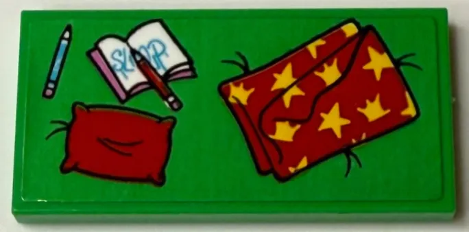 Tile 2 x 4 with Cushion with Pillow, Red Blanket with Yellow Stars, Pencils and Notebook with 'Sleep' Pattern (Sticker) - Set 71461