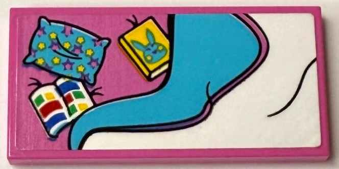 Tile 2 x 4 with Medium Azure and White Blanket, Pillow with Stars, Yellow Bunchu Bunny and Open Books Pattern (Sticker) - Set 71461