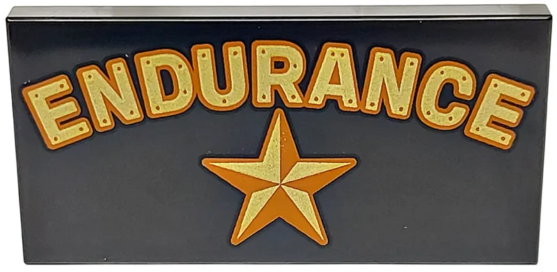 Tile 2 x 4 with Gold and Dark Orange 'ENDURANCE' and Star Pattern