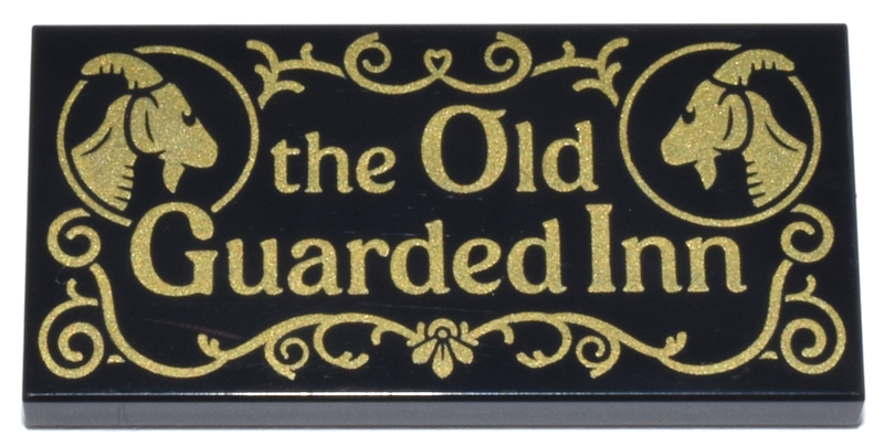Tile 2 x 4 with Gold 'the Old Guarded Inn', Goats and Filigree Pattern