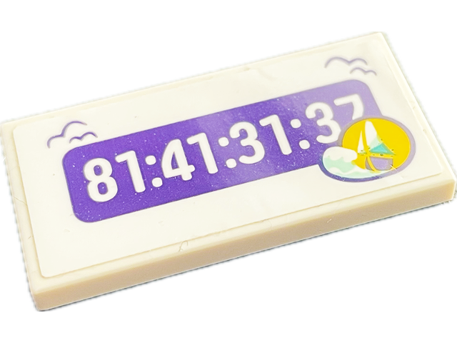 Tile 2 x 4 with Sailing Boat in Yellow Circle, Light Aqua Wave and '81:41:31:37' on Dark Purple Background Pattern (Sticker) - Set 41716