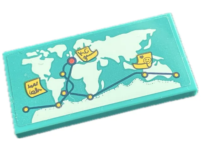Tile 2 x 4 with Light Aqua World Map, Black String Lines, Yellow Pins and Notes Pattern (Sticker) - Set 41716