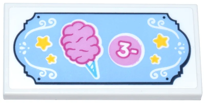 Tile 2 x 4 with Medium Blue Sign with Dark Pink and Bright Pink Cotton Candy and Coin, White Filigree and Number 3, Yellow Stars Pattern (Sticker) - Set 42643