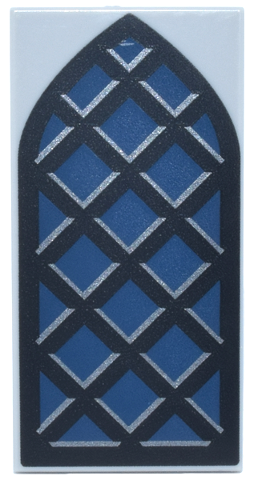 Tile 2 x 4 with Dark Blue Arched Window with Black and Silver Frame and Lattice Pattern