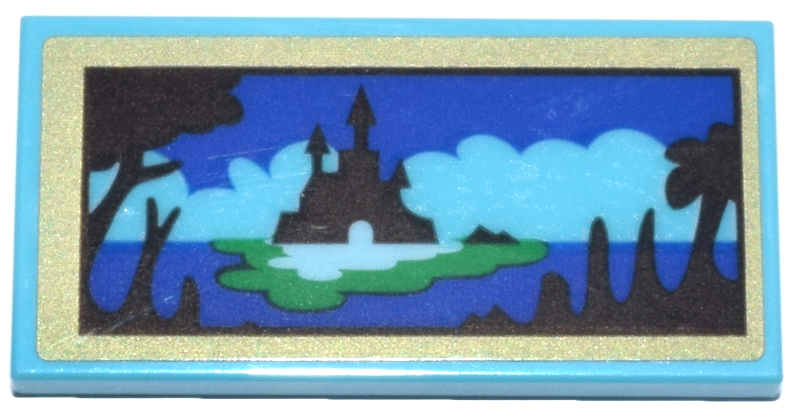 Tile 2 x 4 with Landscape Picture of Castle on Island, Clouds, Trees in Foreground, Gold Frame Pattern (Sticker) - Set 43263