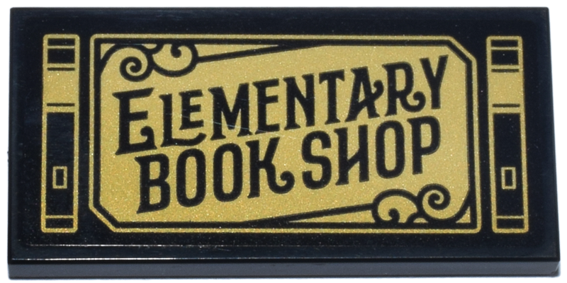 Tile 2 x 4 with Gold Sign 'ELEMENTARY BOOK SHOP' and Filigree Pattern (Sticker) - Set 10351