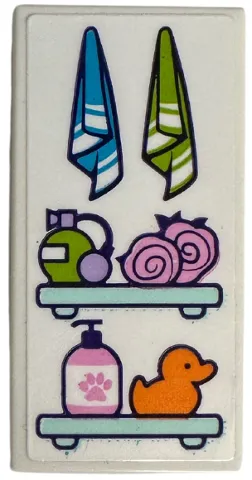 Tile 2 x 4 with Towels and Spray, Loofahs, Soap Dispenser and Rubber Duck on Shelves Pattern (Sticker) - Set 41718