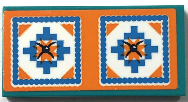 Tile 2 x 4 with Cushion with Stars, Dark Azure T-Shapes and Black Buttons on Orange and White Background Pattern (Sticker) - Set 41702