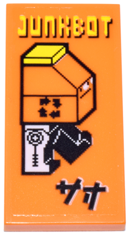 Tile 2 x 4 with Pixelated Walking Brick Minifigure with Face and Recycling Arrows, Yellow 'JUNKBOT' and Black Ninjago Logogram 'BJ' Pattern (Sticker) - Set 70657