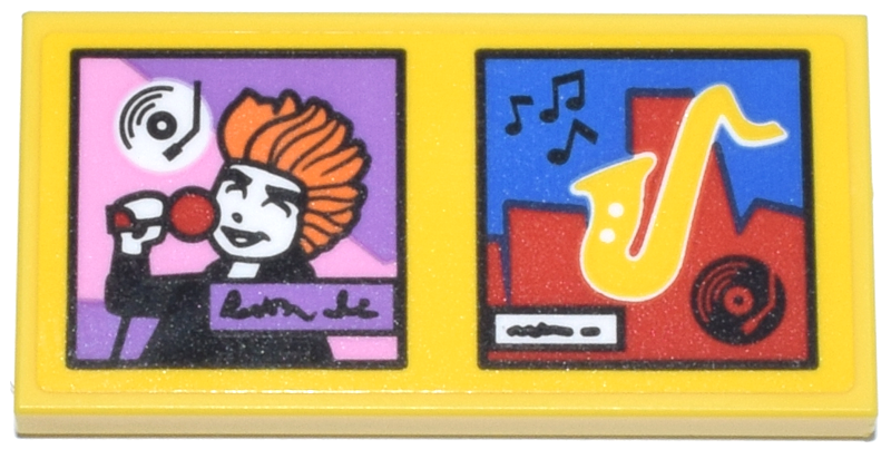 Tile 2 x 4 with Record Albums, Minifigure Singing, Yellow Saxophone, Black Music Notes and Script Pattern (Sticker) - Set 42653