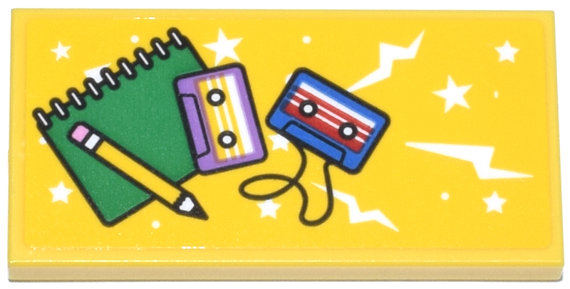Tile 2 x 4 with Pencil, Green Notebook, Medium Lavender and Blue Cassette Tapes, White Energy and Stars Pattern (Sticker) - Set 42653