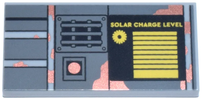 Tile 2 x 4 with Dark Bluish Gray Panel, Worn Copper Splotches and Button, Black Speaker Cover and Yellow Sun, Power Gauge and 'SOLAR CHARGE LEVEL' Pattern