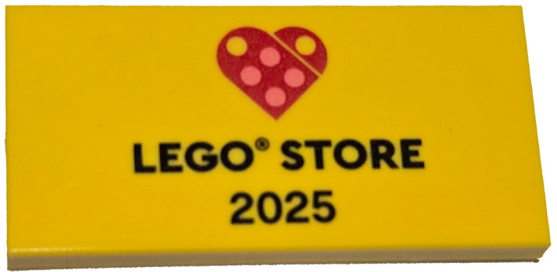 Tile 2 x 4 with Black 'LEGO STORE 2025' and Red Heart Pattern