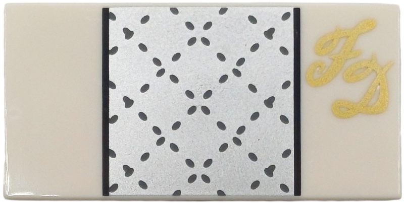 Tile 2 x 4 with Silver Square with Dark Bluish Gray Stitching, Black Lines and Gold 'FD' Pattern  (BrickHeadz Fleur Delacour Torso)