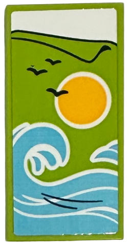 Tile 2 x 4 with Blanket with Medium Azure Waves, Bright Light Orange Sun, Dark Blue Birds and White Bedsheet Pattern (Sticker) - Set 41735