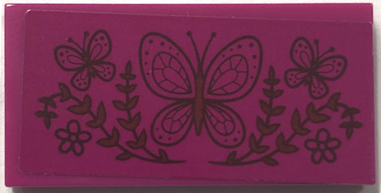 Tile 2 x 4 with Dark Brown Plants and Butterflies Pattern (Sticker) - Set 43202