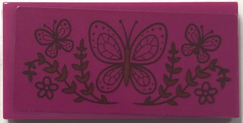 Tile 2 x 4 with Dark Brown Plants and Butterflies Pattern (Sticker) - Set 43202