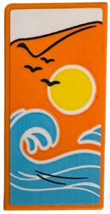 Tile 2 x 4 with Blanket with Medium Azure Waves, Bright Light Orange Sun, Black Birds and White Bedsheet Pattern (Sticker) - Set 42652