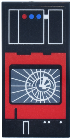 Tile 2 x 4 with Red Control Panel, Blue and White Lights and Buttons, Dark Bluish Gray Screen with Radiating Lines Pattern (Sticker) - Set 75419