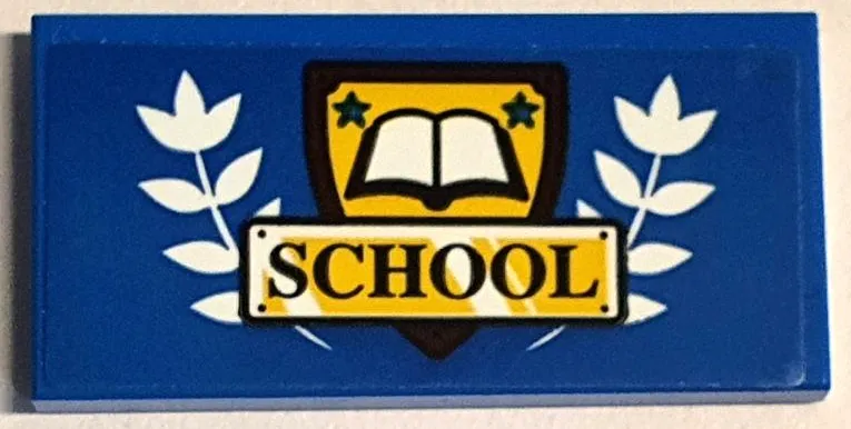 Tile 2 x 4 with Black 'SCHOOL', Yellow Crest, White Book and Leaves Pattern (Sticker) - Set 60329